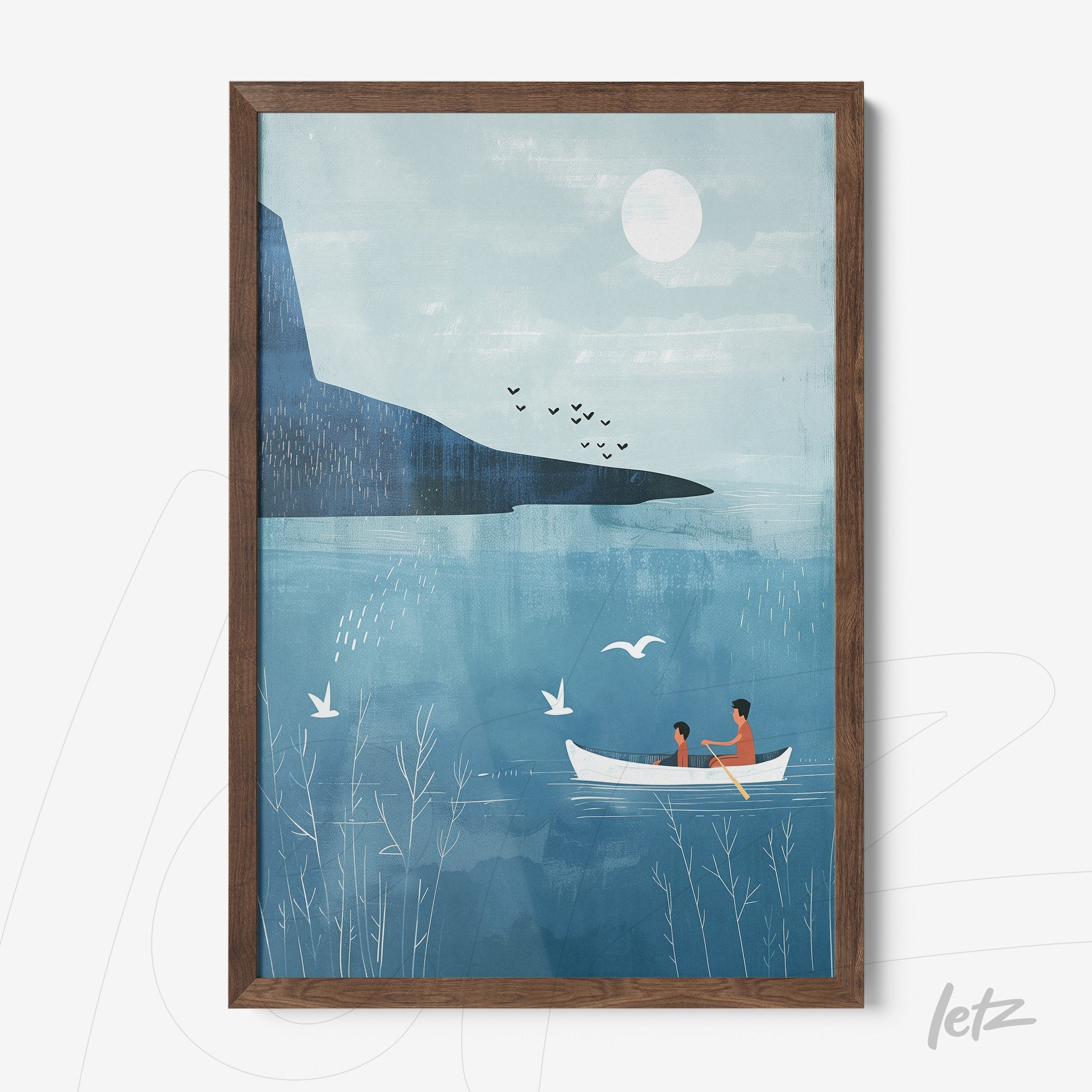 framed digital art depicting a couple in a boat on a calm lake surrounded by mountains and birds