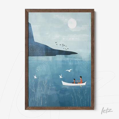 framed digital art depicting a couple in a boat on a calm lake surrounded by mountains and birds