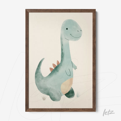 framed wall art featuring a cute dinosaur illustration in dark wood frame