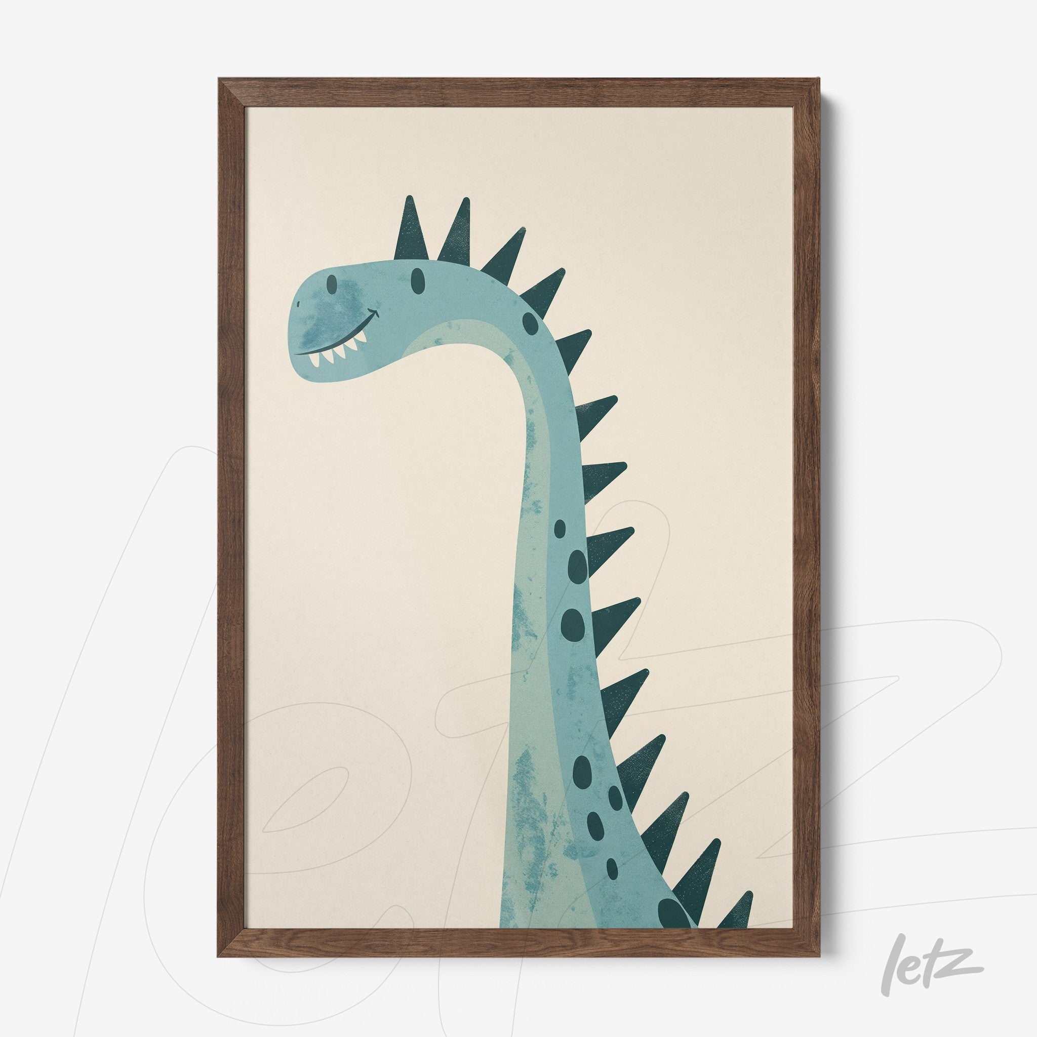decorative wall art featuring a dinosaur illustration in a dark wood frame