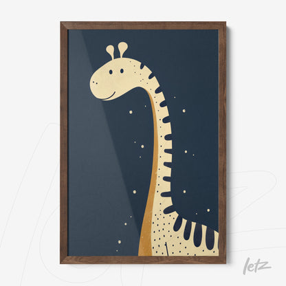 framed artwork featuring a playful giraffe illustration on a dark blue background with light wood frame