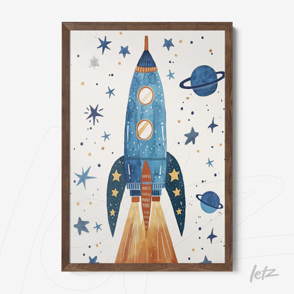 framed artwork featuring a blue rocket on a starry background with planets