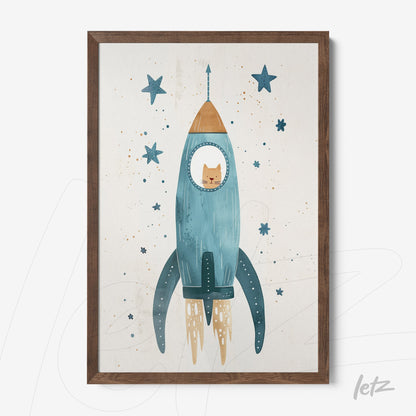 framed illustration of a blue rocket with a cat in the window, surrounded by stars