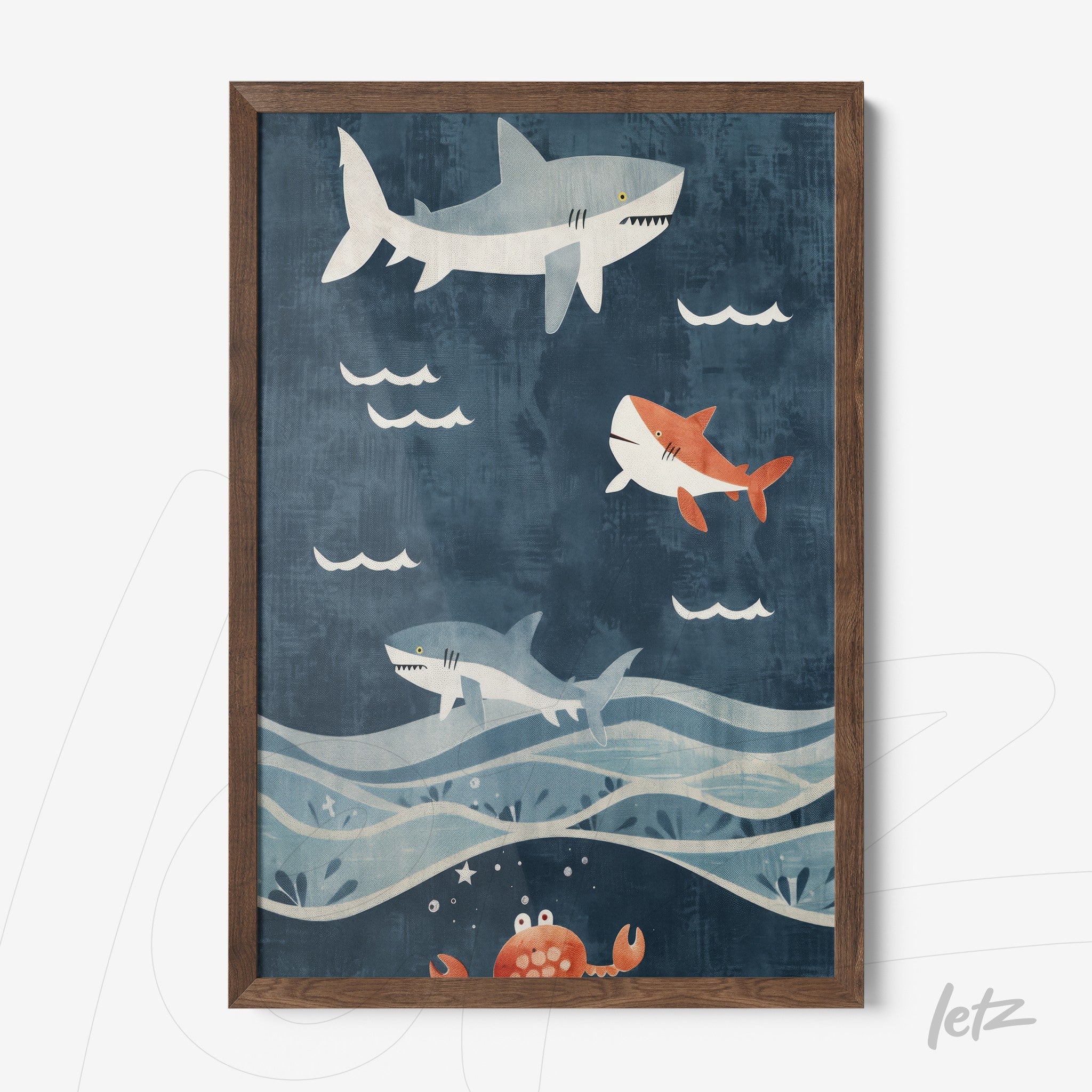 framed artwork featuring sharks swimming in a blue background with a dark wooden frame