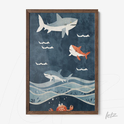 framed artwork featuring sharks swimming in a blue background with a dark wooden frame