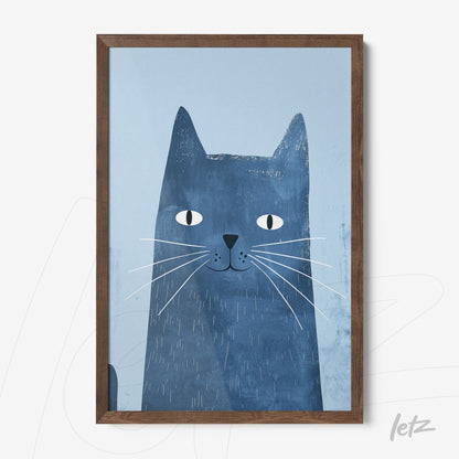 framed artwork of a blue cat illustration with dark wood frame