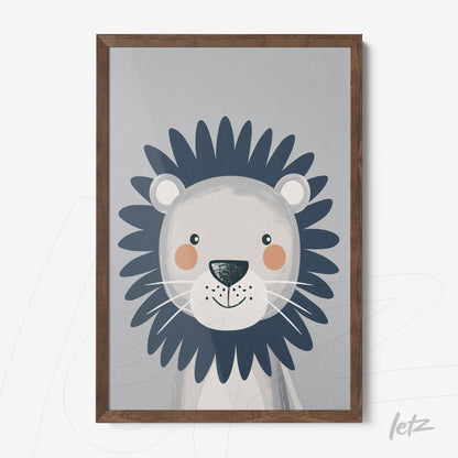 framed wall art featuring a cute lion illustration with gray background and dark wood frame