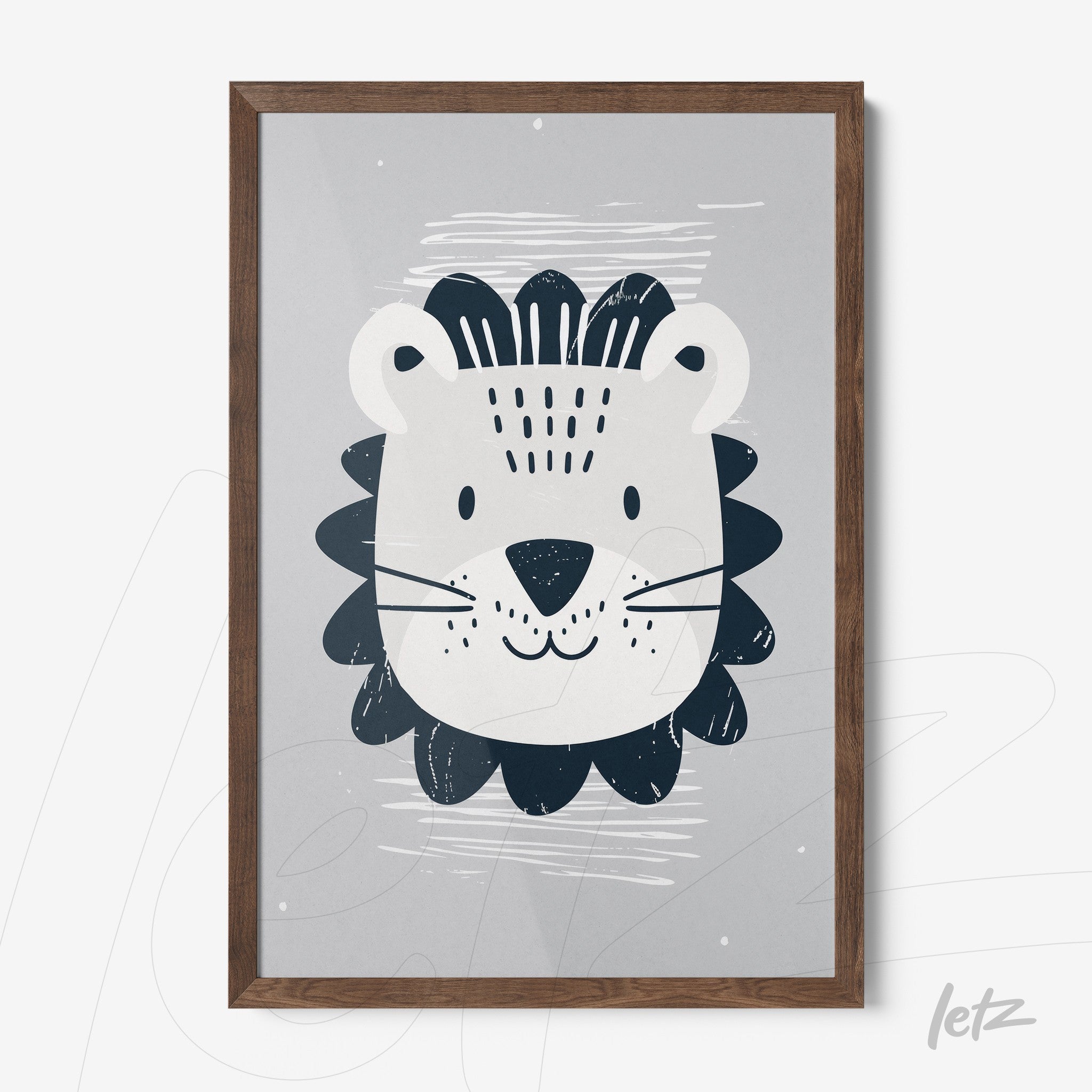 framed wall art featuring a cute modern illustration of a smiling lion with a dark wood frame