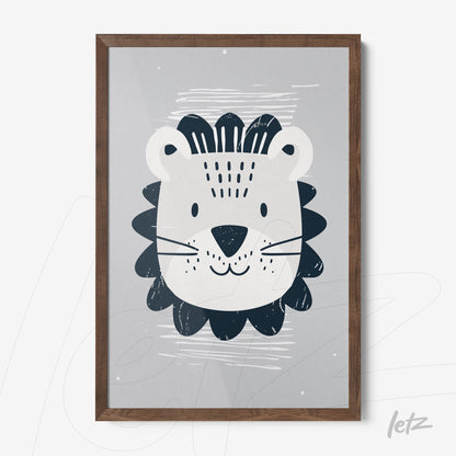 framed wall art featuring a cute modern illustration of a smiling lion with a dark wood frame