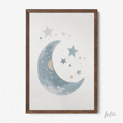 framed artwork featuring a moon and stars in soft blue tones with a dark wood frame