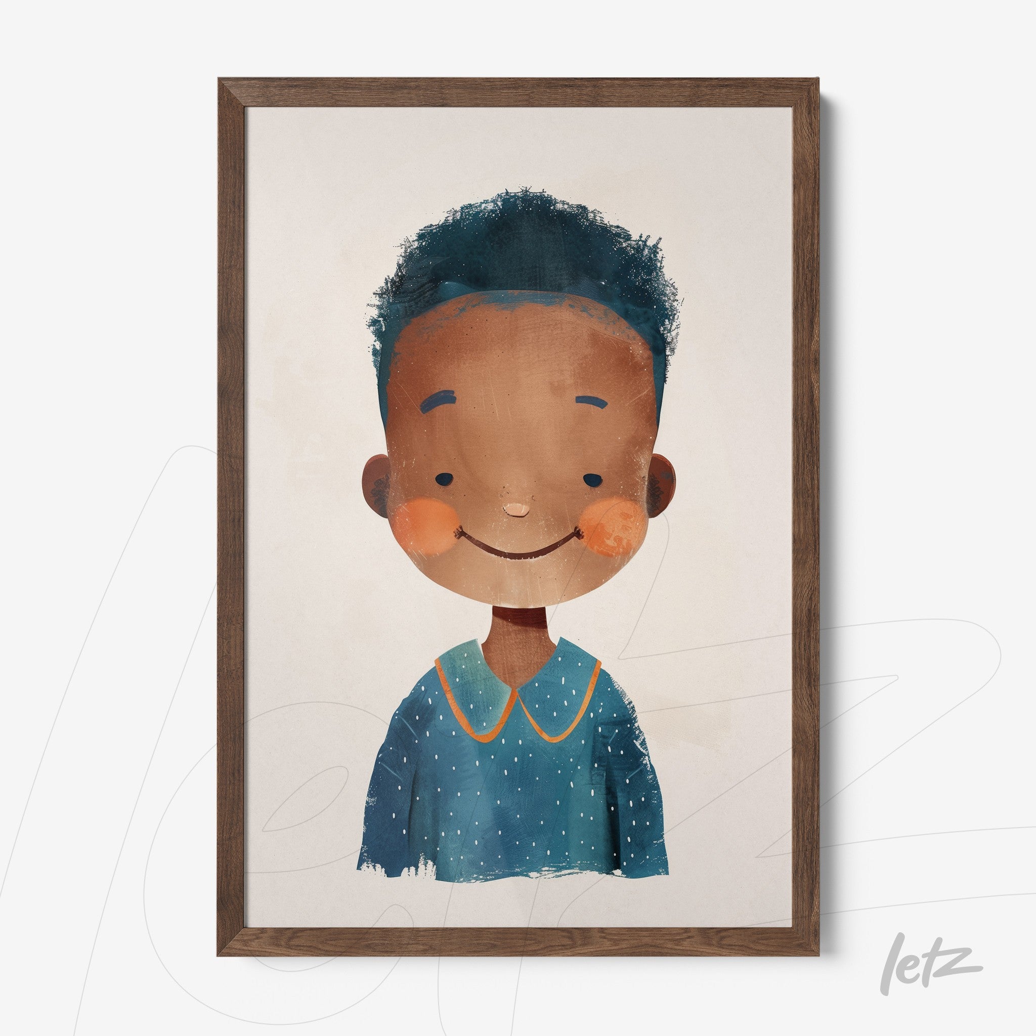 framed artwork of a smiling boy with brown skin, curly hair, wearing a blue polka-dotted shirt in a rustic wooden frame