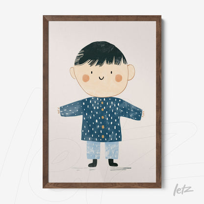 framed wall art featuring a smiling boy illustration wearing a dark blue coat with light brown frame