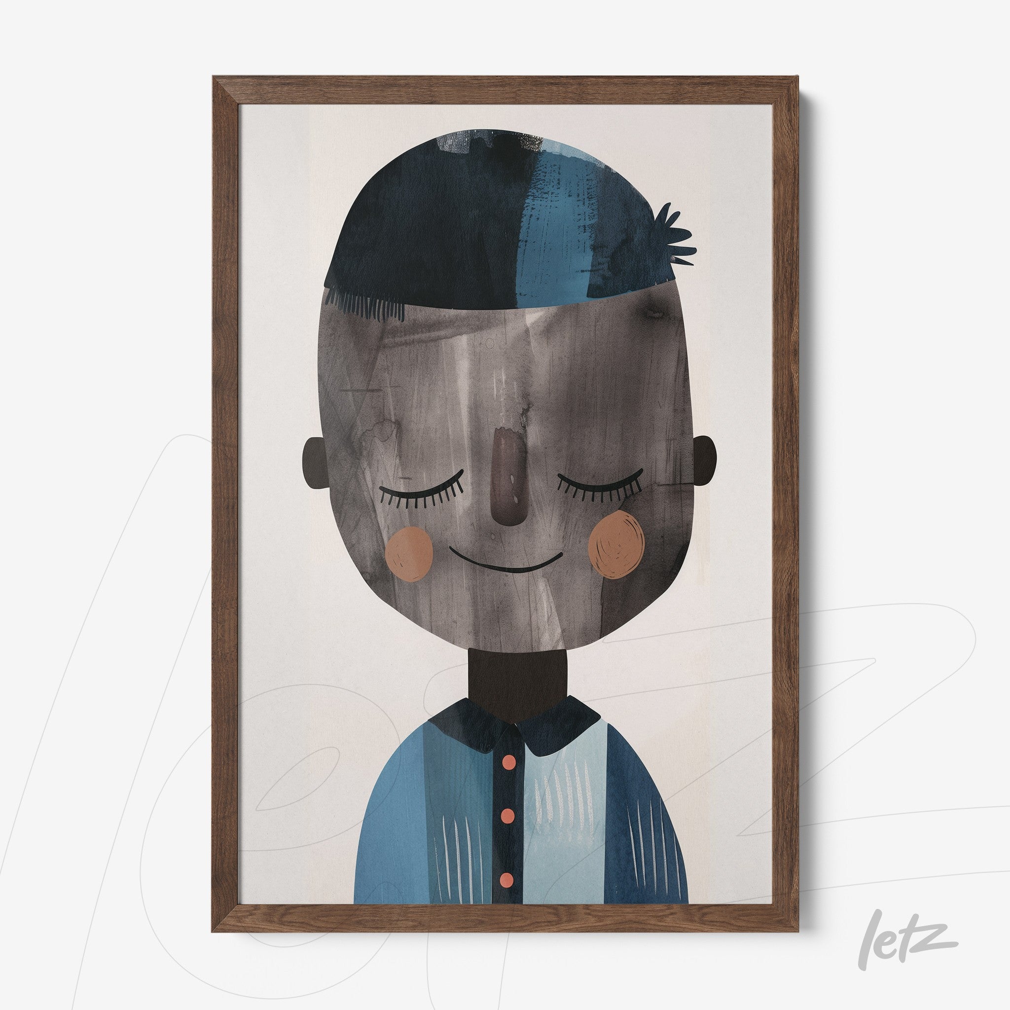 framed children's illustration of a smiling boy with blue hair and rosy cheeks
