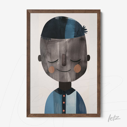framed children's illustration of a smiling boy with blue hair and rosy cheeks