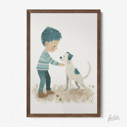framed illustration of a boy petting a dog on a neutral background with a dark wood frame