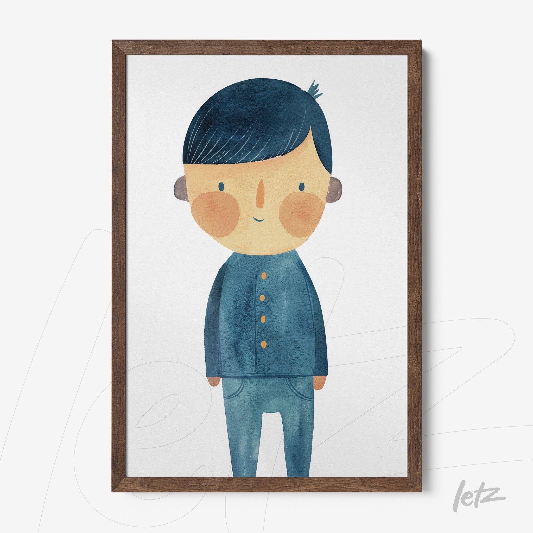 framed artwork of a cheerful boy with blue hair and blue clothing in a dark wood frame