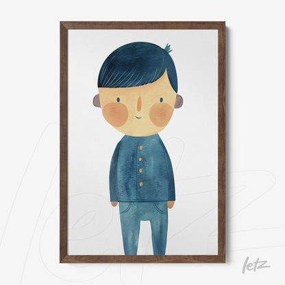framed artwork of a cheerful boy with blue hair and blue clothing in a dark wood frame