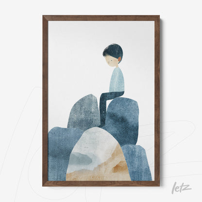 framed artwork depicting a boy sitting on blue and white stones