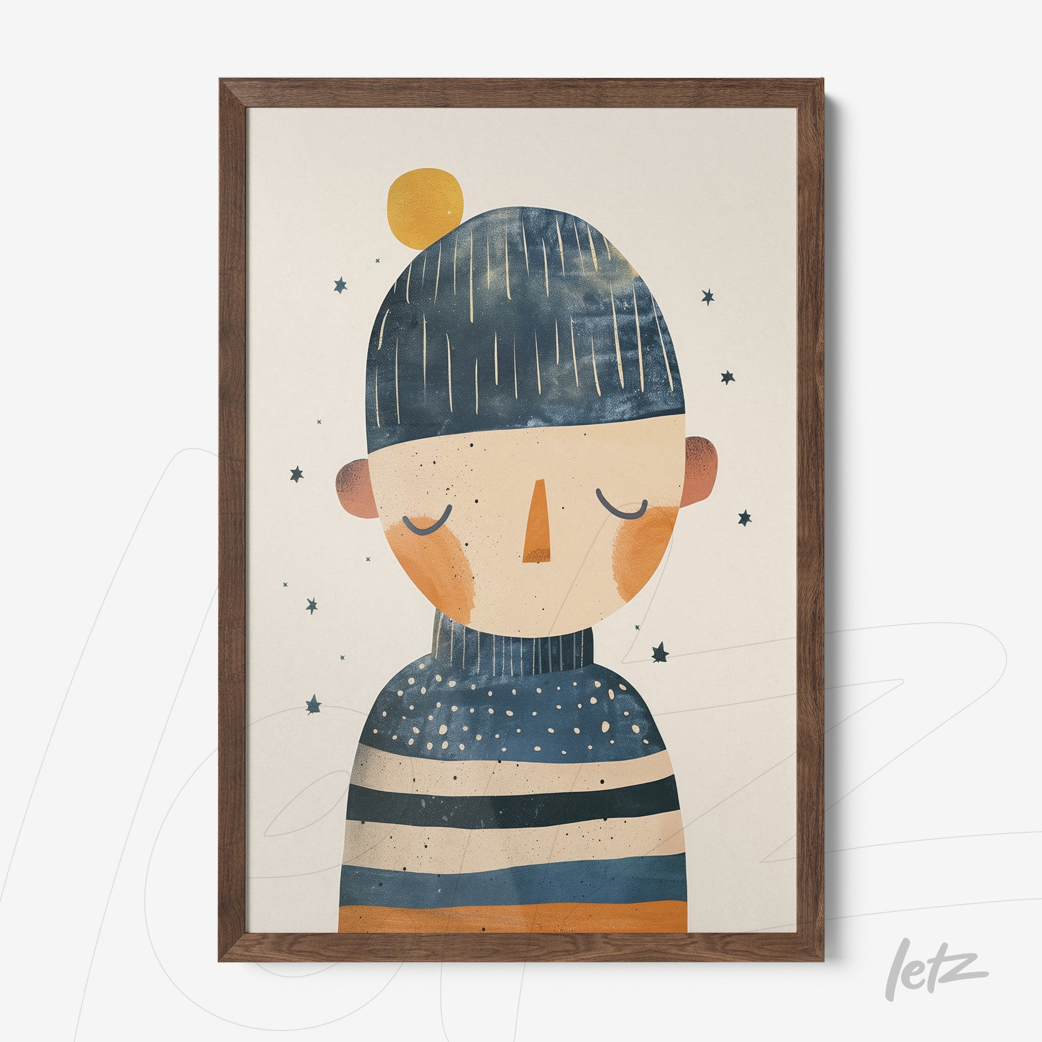 framed artwork featuring a human figure wearing a beanie and a striped sweater in blue and orange, set in a dark wood frame