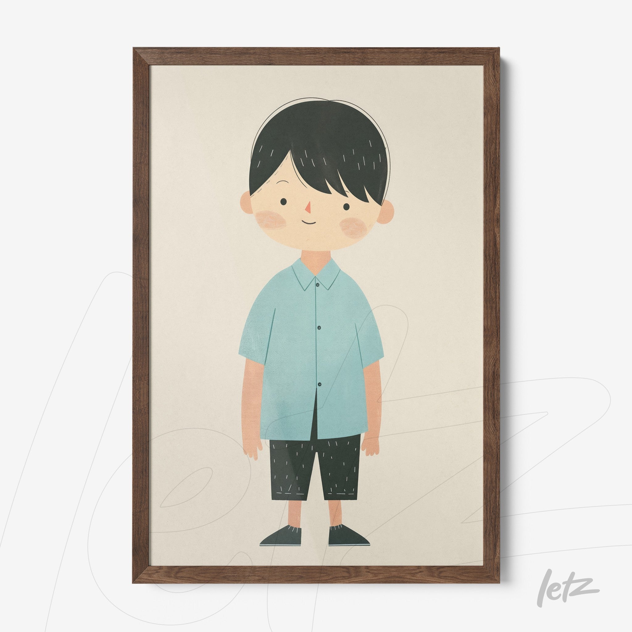 framed artwork of a smiling boy wearing a blue shirt and black shorts, dark wood frame