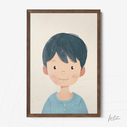 framed artwork featuring a smiling boy with short dark hair wearing a light blue shirt