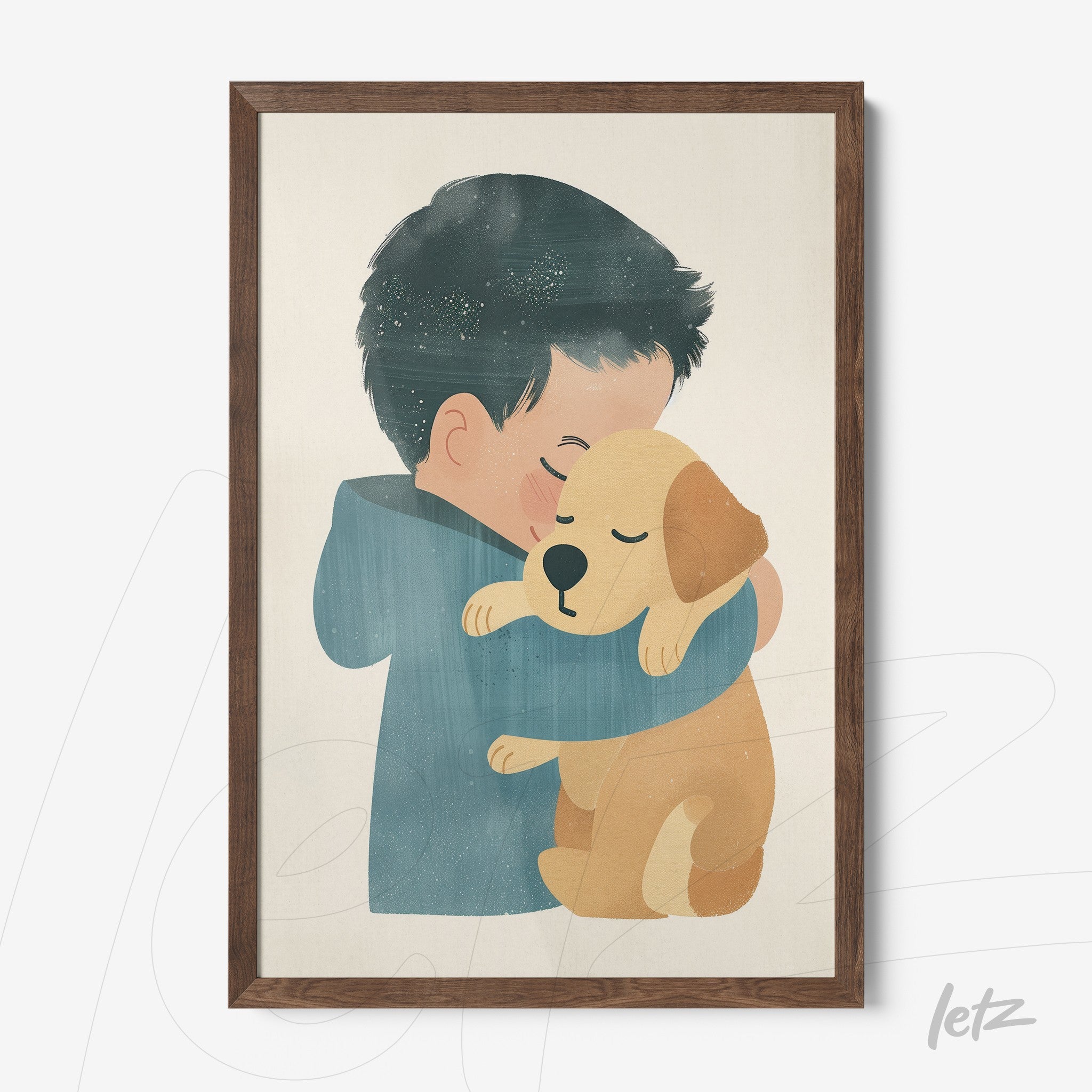 framed art featuring a boy hugging a dog with a dark wooden frame