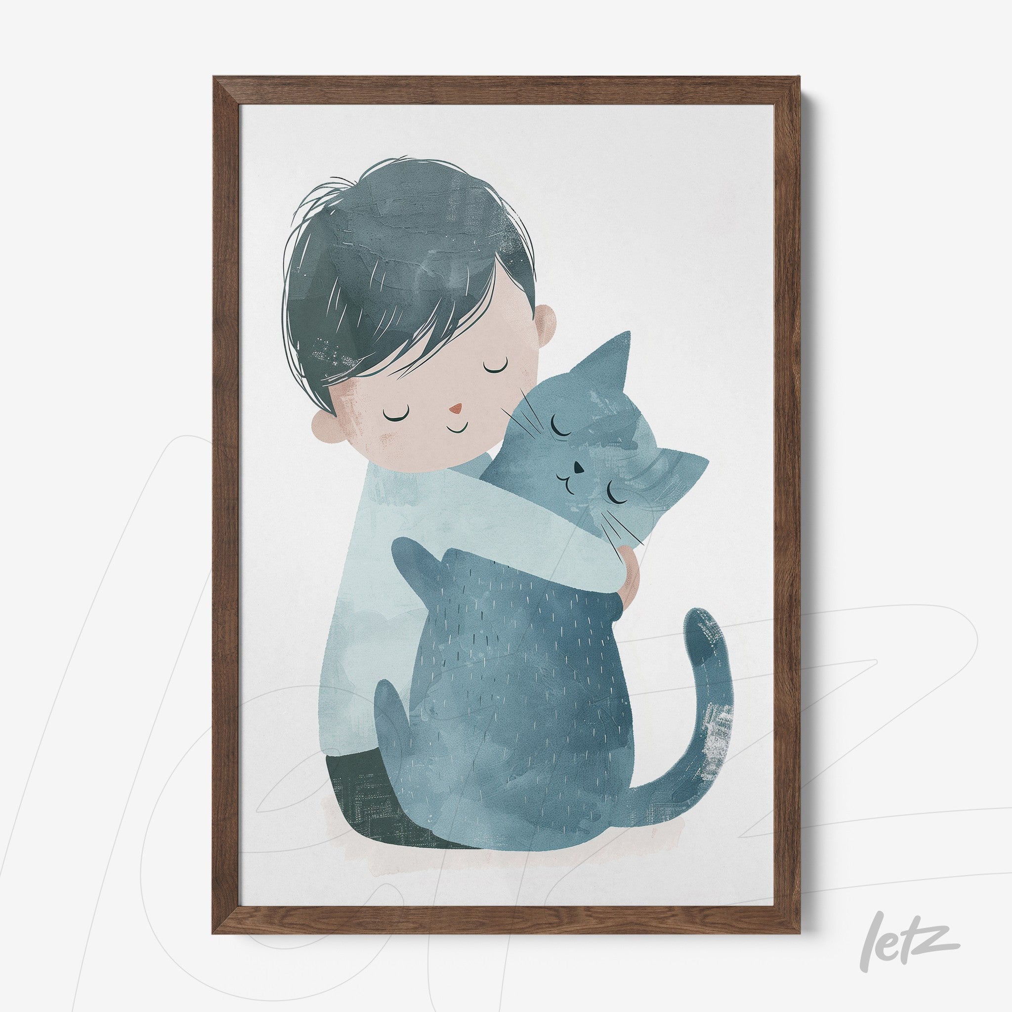 framed wall art featuring a child hugging a blue cat, set in a dark wood frame