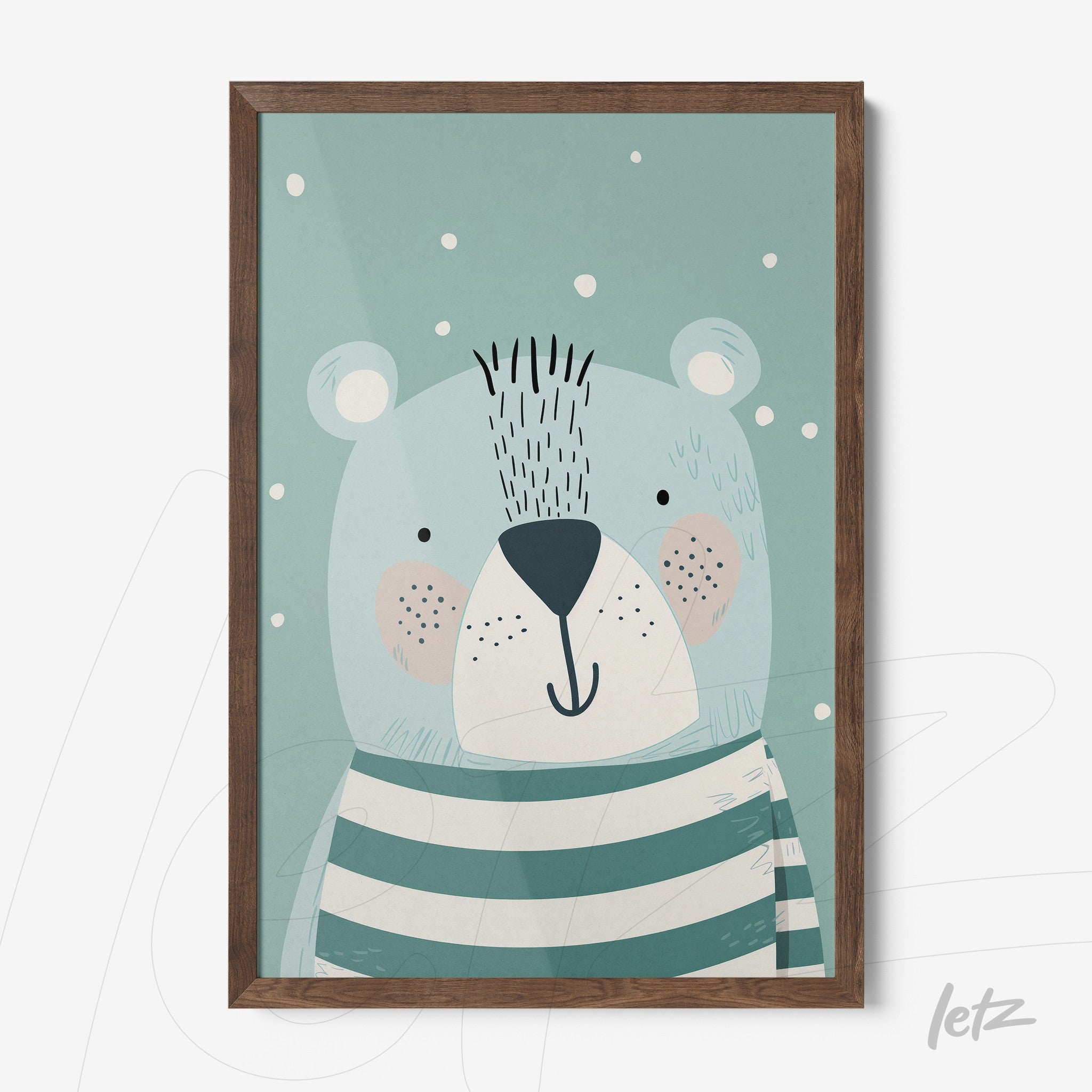 framed wall art featuring a cute bear wearing a striped shirt with a dark wood frame