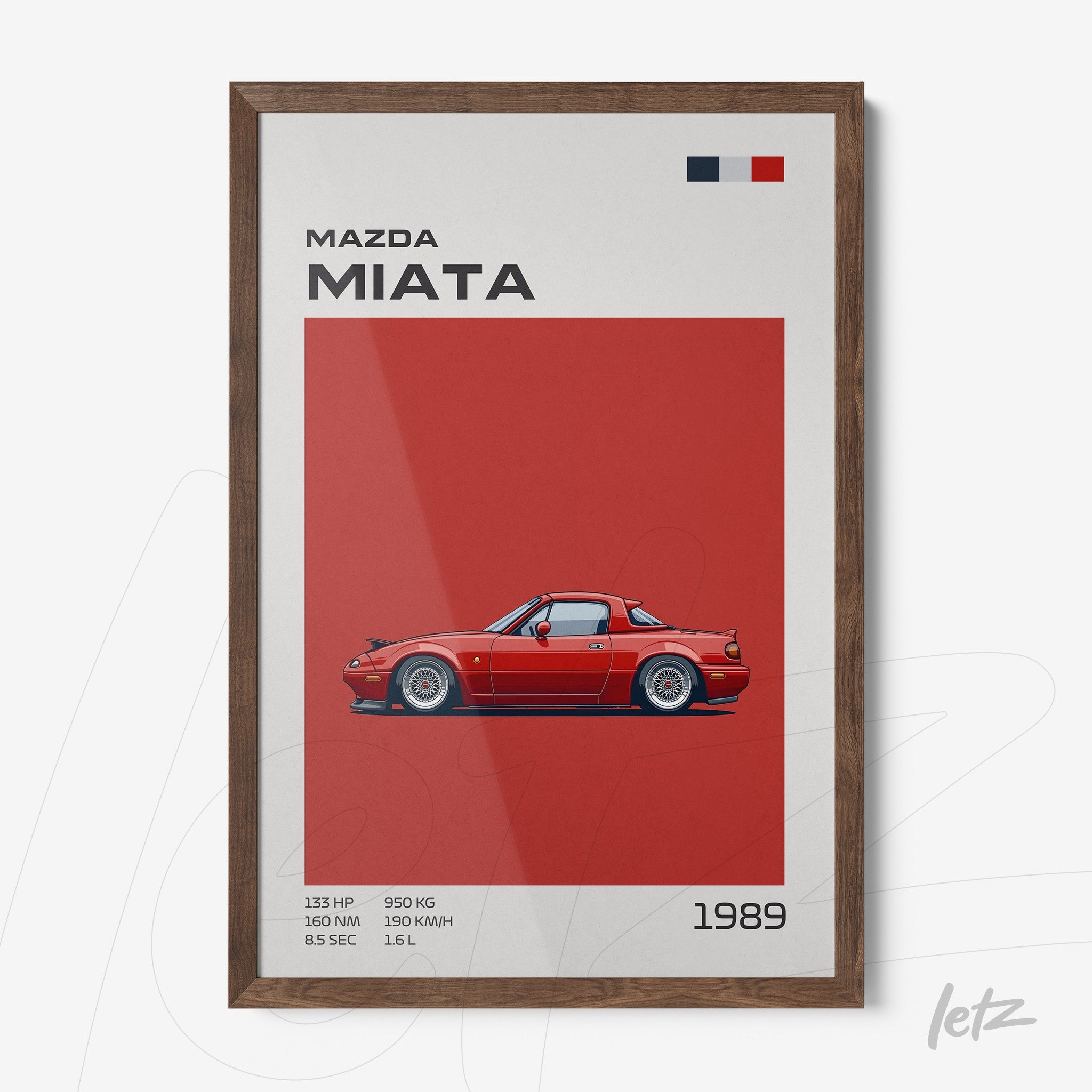 framed graphic art of a red Mazda Miata on red background with dark wood frame