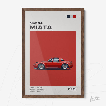 framed graphic art of a red Mazda Miata on red background with dark wood frame