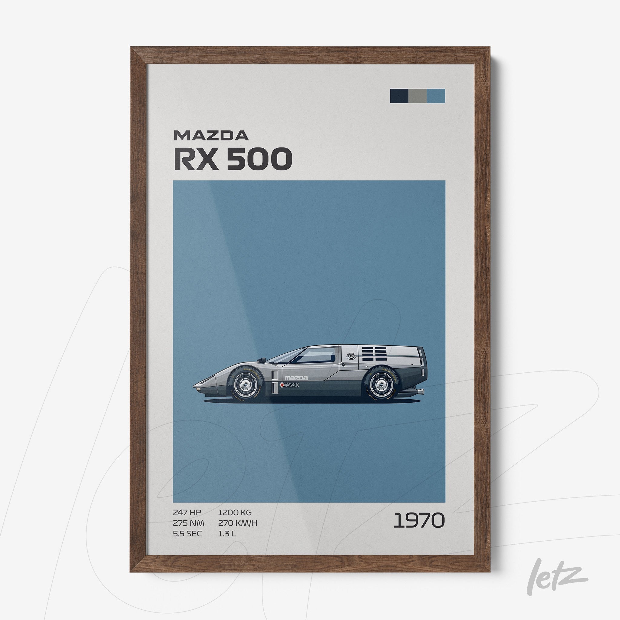 vector art of Mazda RX 500 car in dark wood frame