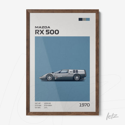 vector art of Mazda RX 500 car in dark wood frame