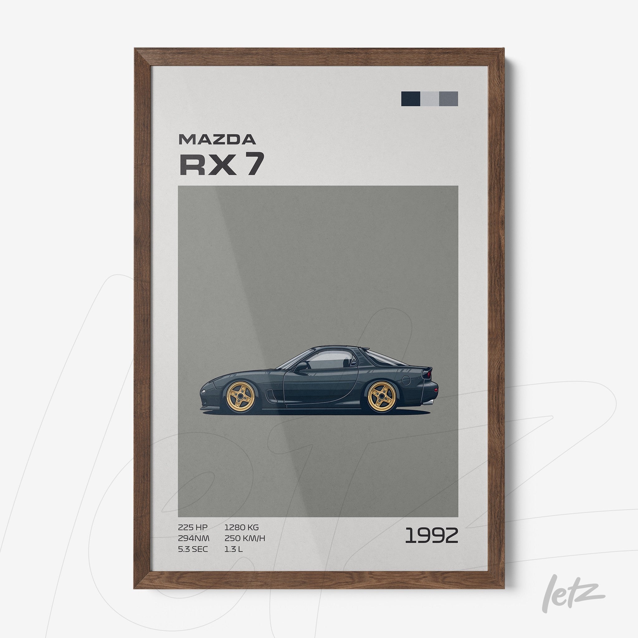 framed minimalist art of the Mazda RX 7 car with dark wood frame