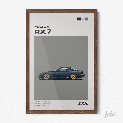 framed minimalist art of the Mazda RX 7 car with dark wood frame