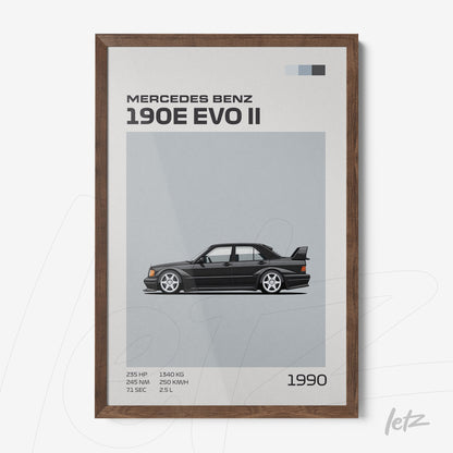framed art print of the Mercedes Benz 190E EVO II in dark wood frame