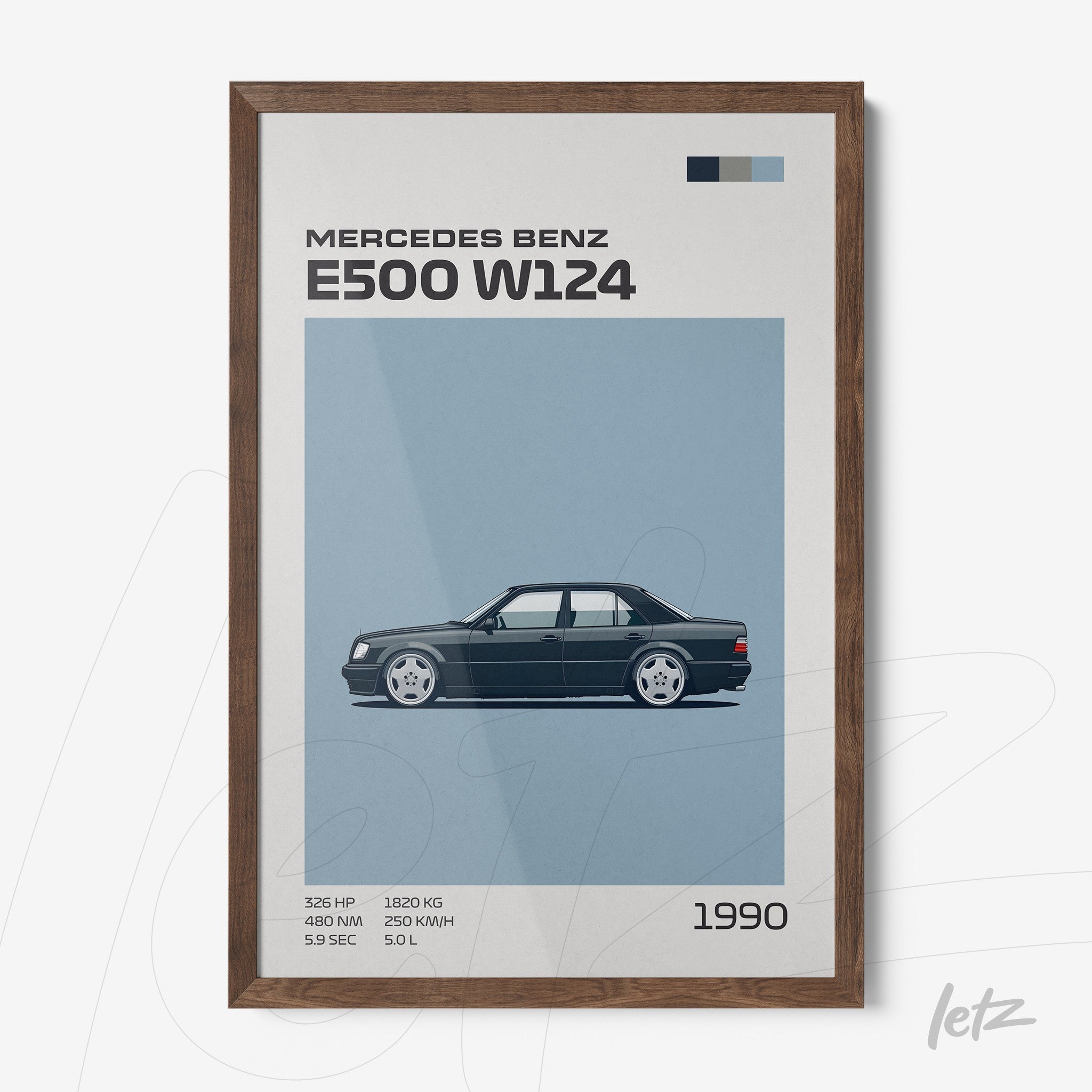 framed digital art of the Mercedes Benz E500 W124 car with dark wooden frame