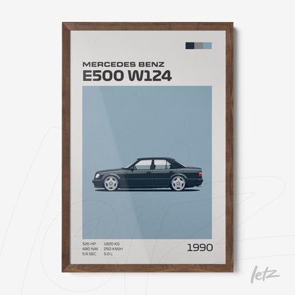framed digital art of the Mercedes Benz E500 W124 car with dark wooden frame