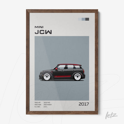 framed graphic art of a 2017 Mini JCW car in dark wooden frame