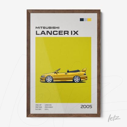 framed artwork of a yellow Mitsubishi Lancer IX on a vibrant yellow background with a dark wooden frame