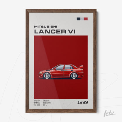 framed illustration of the Mitsubishi Lancer VI on a red background with dark wood frame