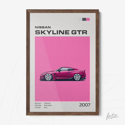 framed wall art featuring the Nissan Skyline GTR in vibrant pink background with dark wood frame