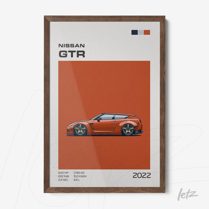 framed artwork of a Nissan GTR car illustration on an orange background with dark wooden frame