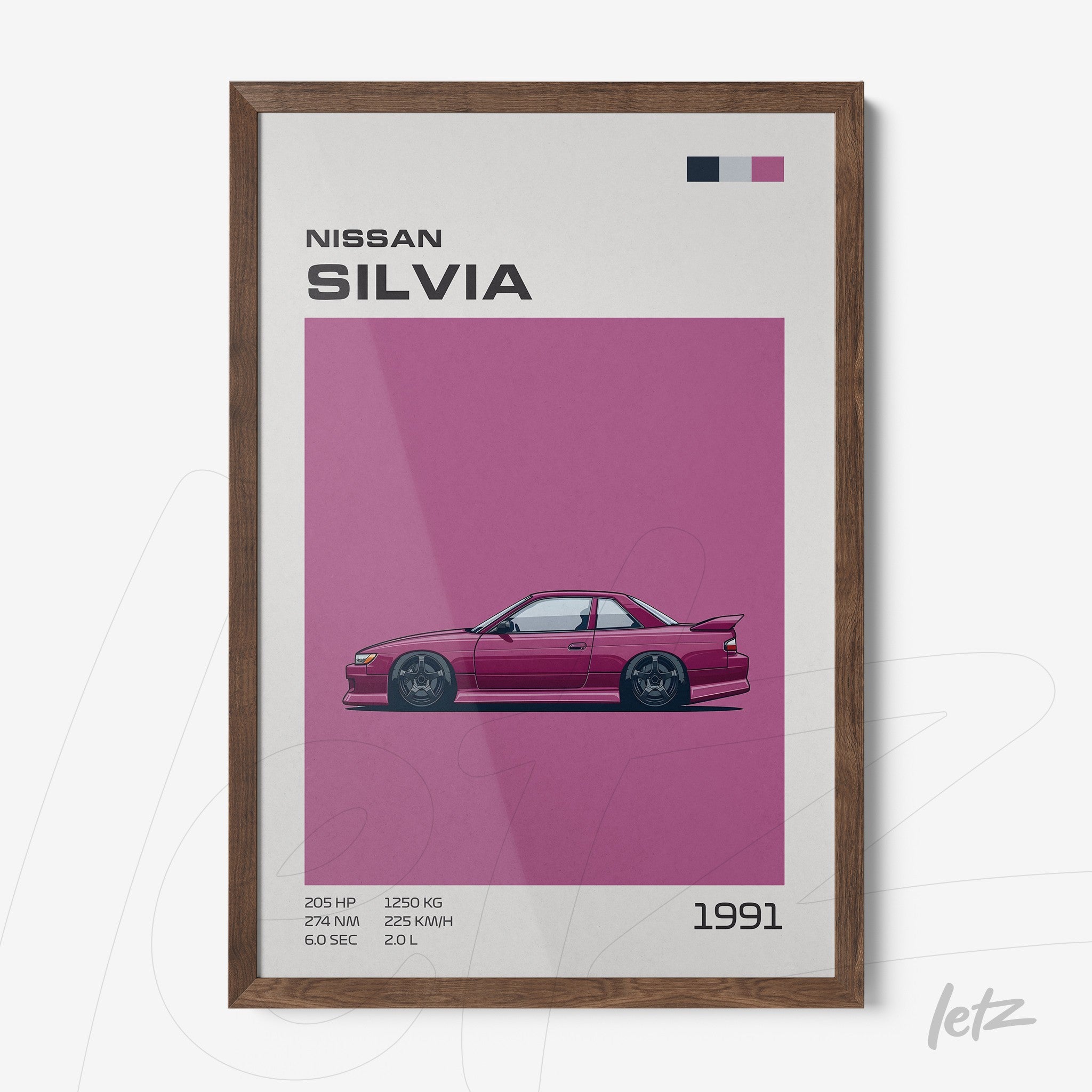 framed art of a Nissan Silvia car in vibrant pink background with dark wood frame