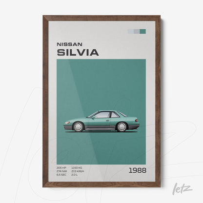 framed art featuring the Nissan Silvia from 1988 with a dark wood frame