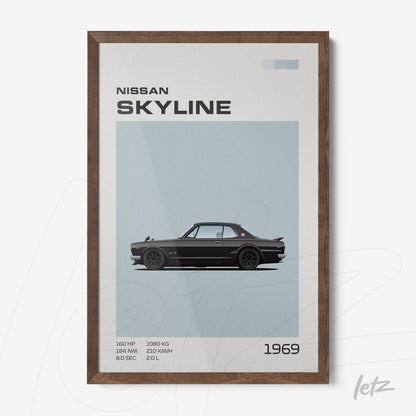 framed wall art featuring a stylized illustration of a 1969 Nissan Skyline with a dark wood frame and light blue background