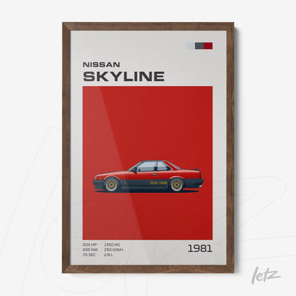 framed wall art featuring an illustration of 1981 Nissan Skyline with a dark wood frame