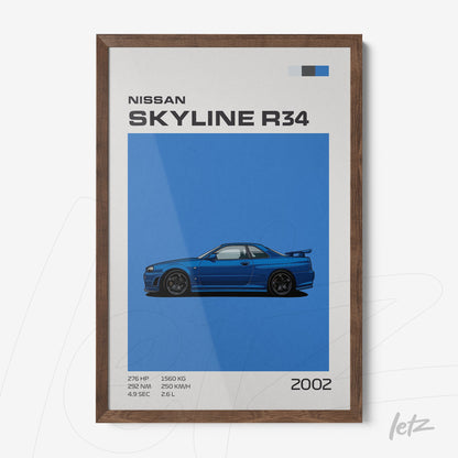 framed illustration of Nissan Skyline R34 car in blue background with dark wood frame