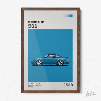 framed artwork featuring a minimalist illustration of a blue Porsche 911 with dark wood frame