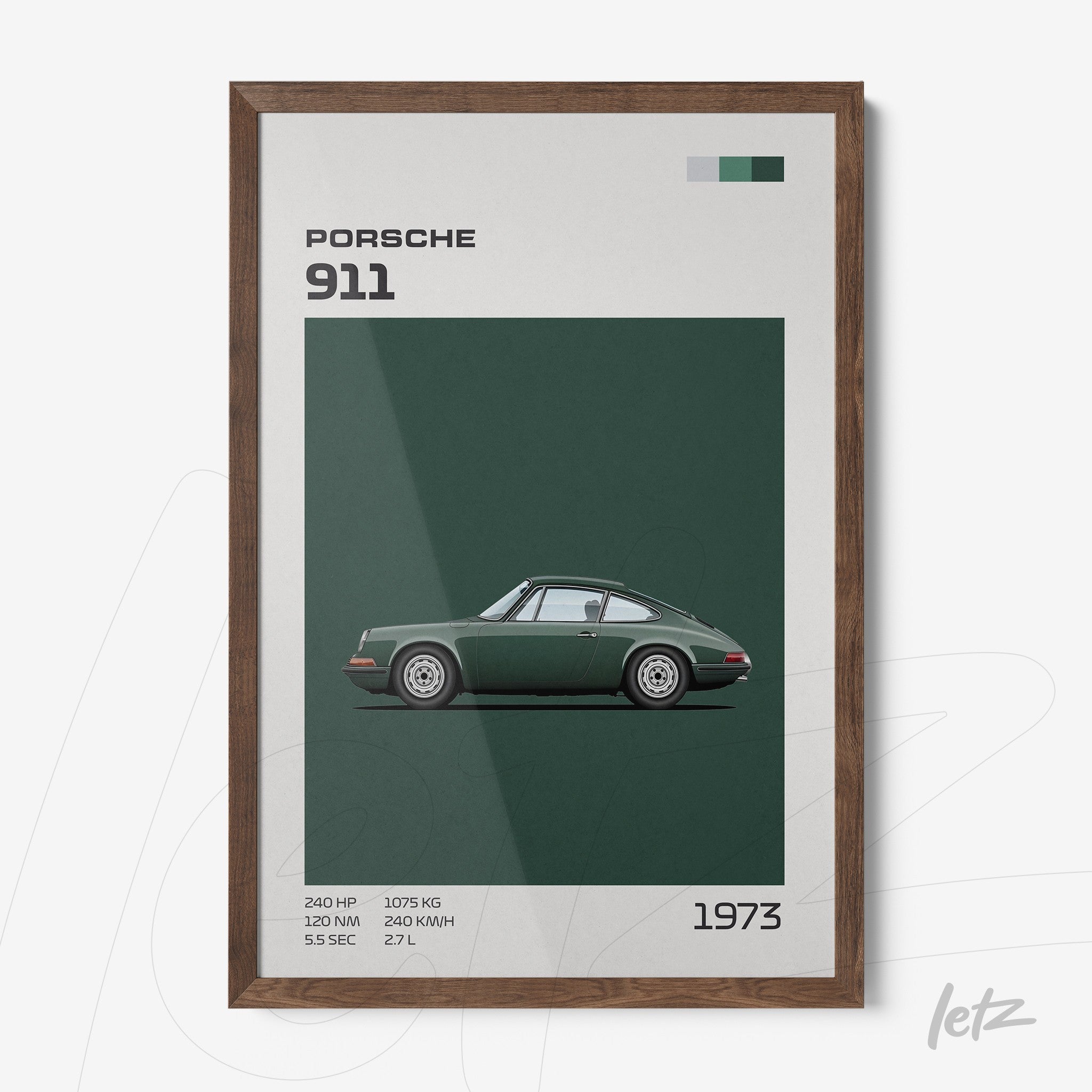 framed wall art featuring a stylized illustration of a 1973 Porsche 911 with dark wooden frame