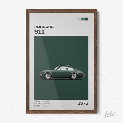 framed wall art featuring a stylized illustration of a 1973 Porsche 911 with dark wooden frame